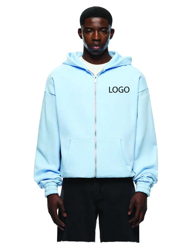 FLN 2025 345gsm Cotton Custom logo Oversized Trendy Men's Loose Fleece-Lined Solid Zippered Hoodie Clothes Men