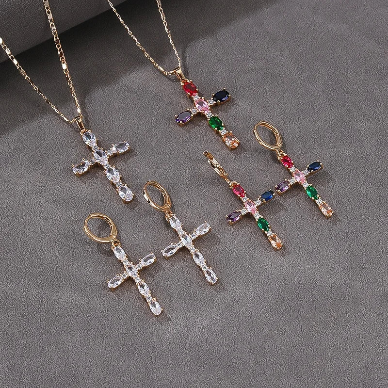 Hengdian 18k Laminated Gold Wholesale Plated Cz Colored Cross  Women Earrings and Necklaces Jewelry  Sets