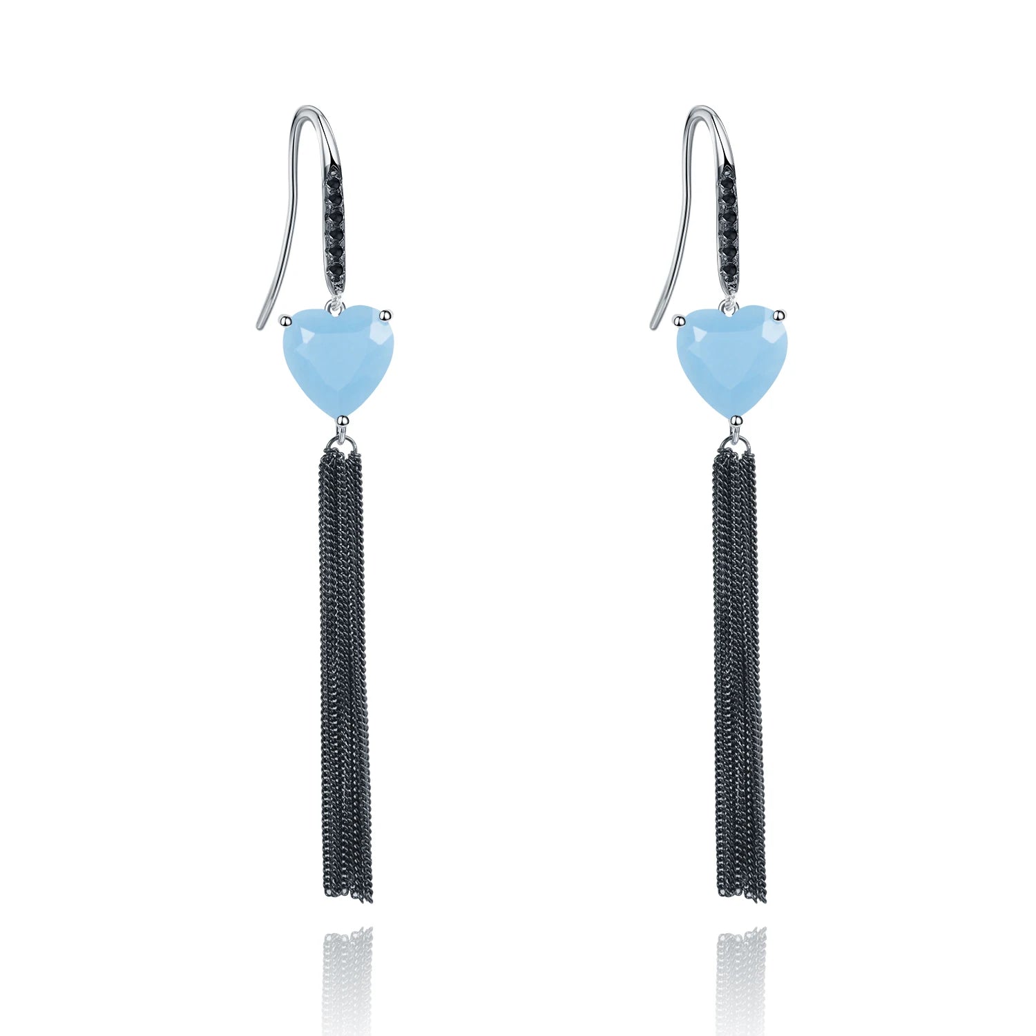 Abiding 925 Sterling Silver Natural Aqua-blue Calcedony Heart Earrings Handmade Tassels Elegant Drop Earrings for Women