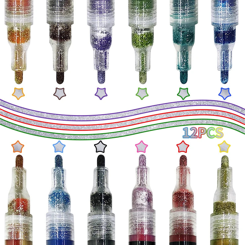 12 Colors Double Line Outline Markers Squiggles Shimmer Markers Set Metallic Glitter Marker Pens for ChristmasArt Drawing