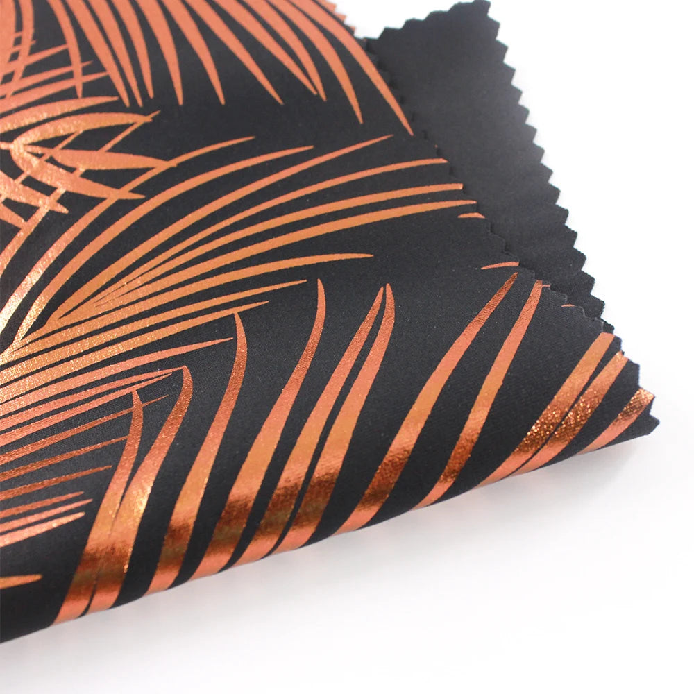 High Stretch Interlock Knitted Printed Breathable Palm Tree Shiny Metallic Foil Nylon Spandex Fabric Silver Holographic Swimwear