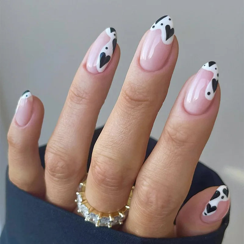Temooi Wholesale 24Pcs ABS False Nails Almond Heart Cute Pattern Printing Press on Nails With Nail Glue