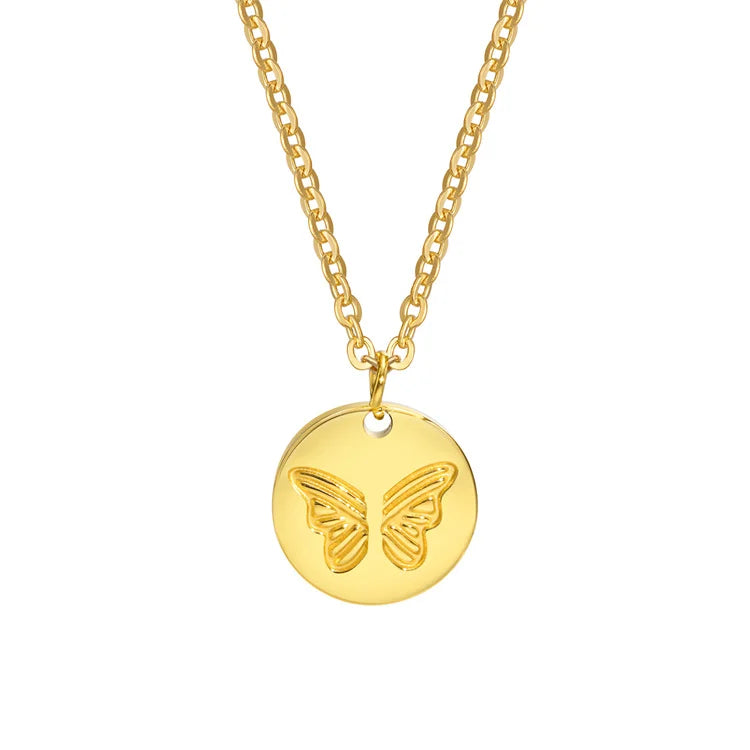 Minimalist jewelry stainless steel round pendant gold plated butterfly charm necklace