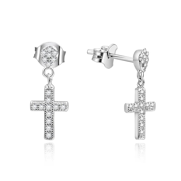 925 Sterling Silver Rhodium Plated Earrings | Cross Dangle with Cubic Zirconia Accents | Hypoallergenic Drop Earrings for Women