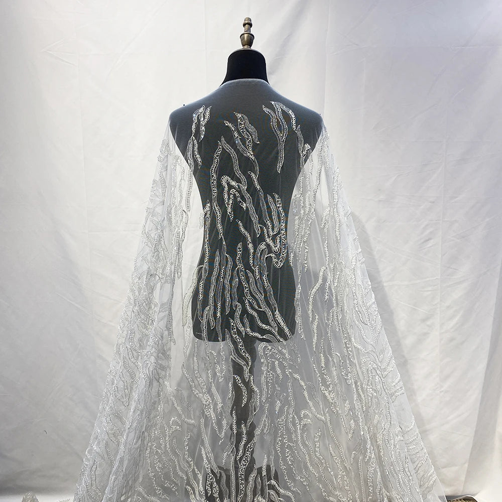 Ivory Bridal Lace Fabric Embroidered With Beads and Pearls Luxury Embellished Beaded Sequin Lace Fabric