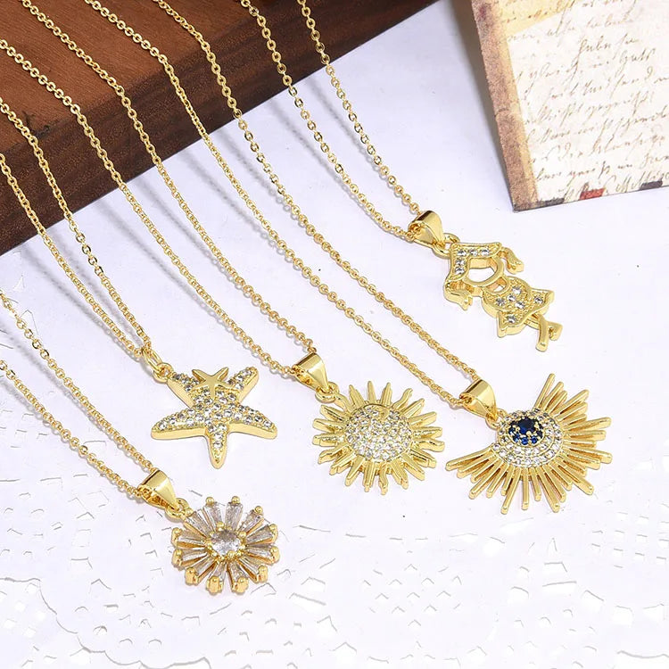 NZ1468 18k Gold CZ Evil Eyes Turkish Evil Eyes Protection Talisman Sunburst Daisy Starfish Charm Necklace Jewelry