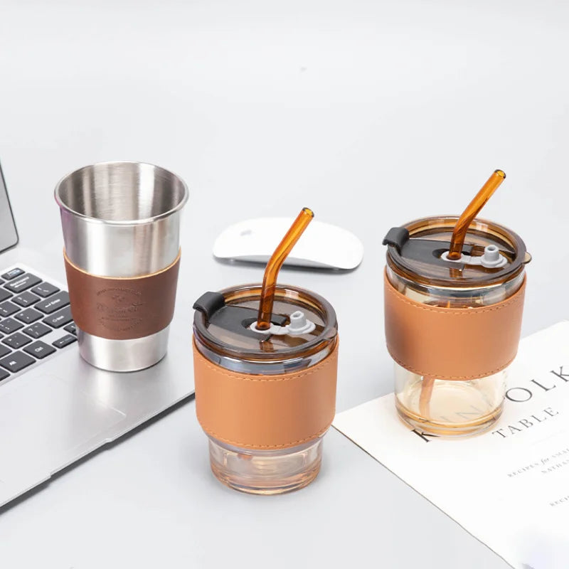 PU Leather Tumbler Glass Bottle Cover Cup Sleeve Heat Insulated Coffee Cup Mug Cover Bamboo Cup Holster