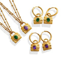 Minimalist Gold Plated Stainless Steel Green Purple Zircon Padlock Pendant Layered Lock Necklace Women