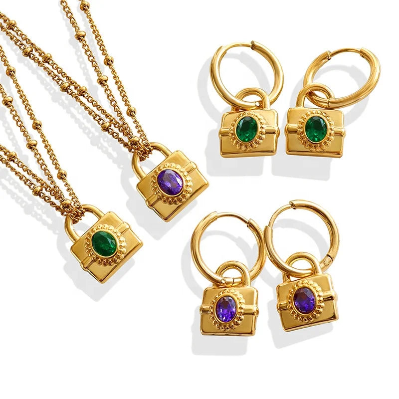 Minimalist Gold Plated Stainless Steel Green Purple Zircon Padlock Pendant Layered Lock Necklace Women