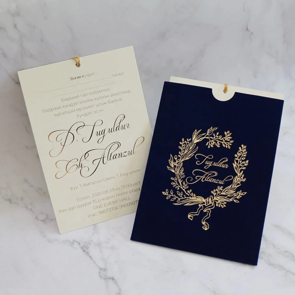 DIY Velvet Pocket Envelope Design Invitation Cards and Custom Elegant Suede Wedding Invitations with Customized Gold Foiled logo