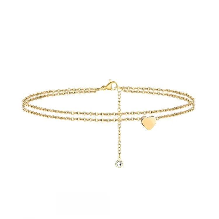Stainless Steel Double Layer Gold Plated Dainty Anklet for Women Cute Heart Charm Bracelet with Foot Chain Boho Style Parties