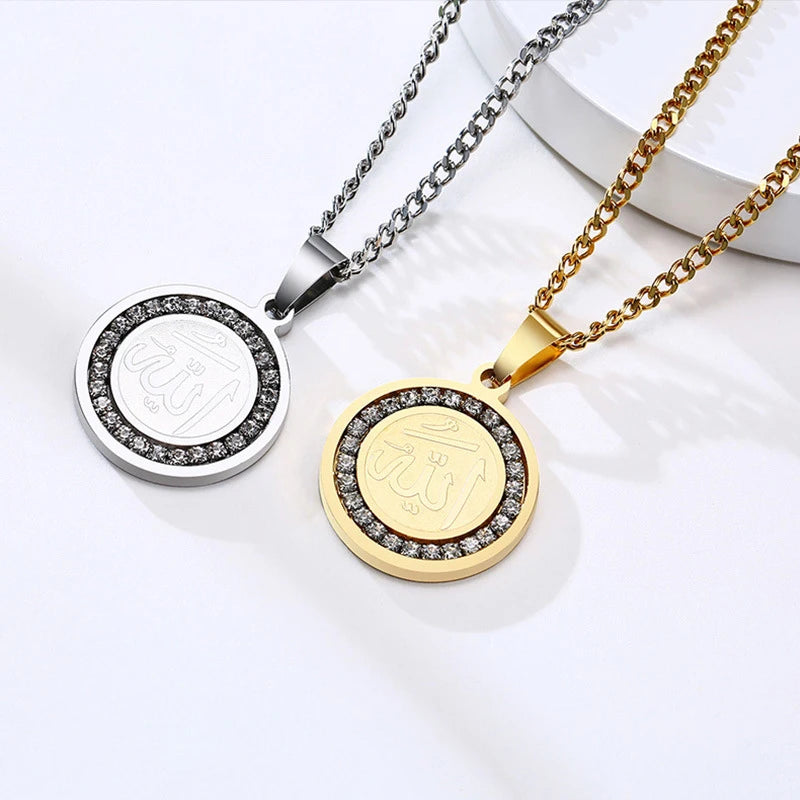 2023 18K Gold PVD Plating Color Oval Stainless Steel Inlaid Zircon Muslim Arab Allah Pendant Necklace