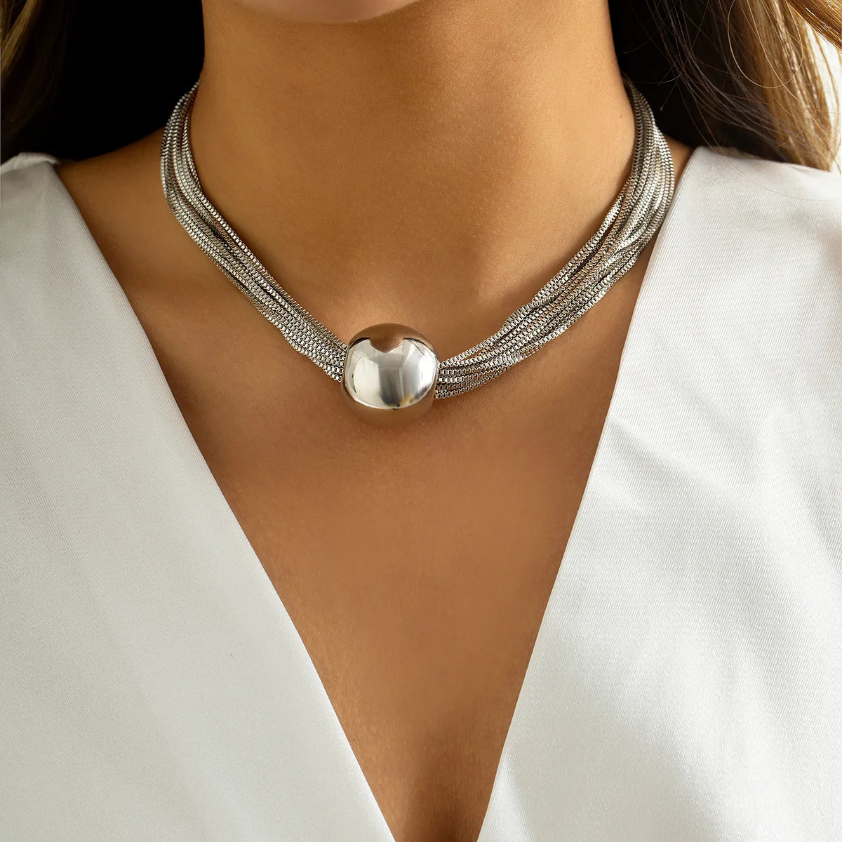 Cross-border Exaggerated Punk Multi-layer Chain Overlapping Collar Simple Niche Geometric Ball Personality Brass 14K Gold Plated
