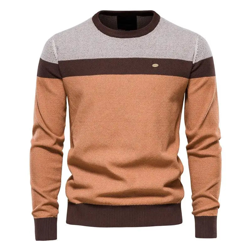Knitwear Manufacturer Custom Winter Fashion Soft Warm Stitching Long Sleeve O-neck Knitted Cotton Striped Sweater for Men
