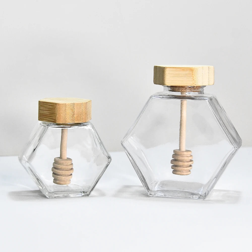 100ml 250ml Wholesale Hexagon Container Storage Glass Honey Jar With Bamboo Lid