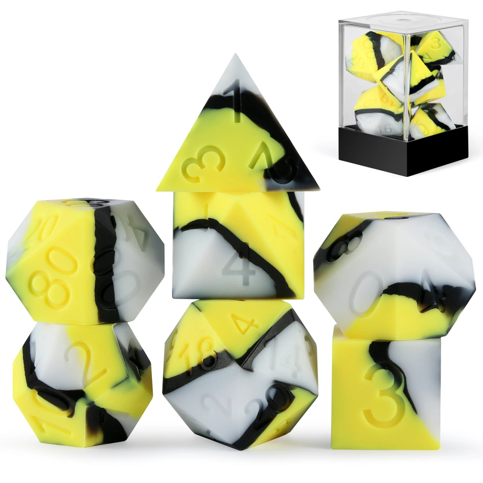 D4 D6 D8 D10(00-90) D12 D20 Yellow & White & Black Polyhedral Silicone Dice 7-Piece DND RPG Dice Set