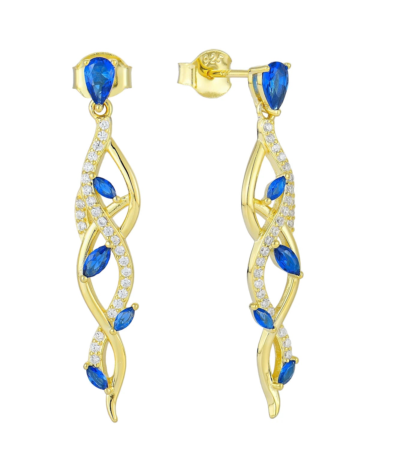 QX Custom OEM Women Blue Zircon Fine Jewelry Vintage Luxury 925 Sterling Silver 18K Gold Plated Drop Studs Earrings