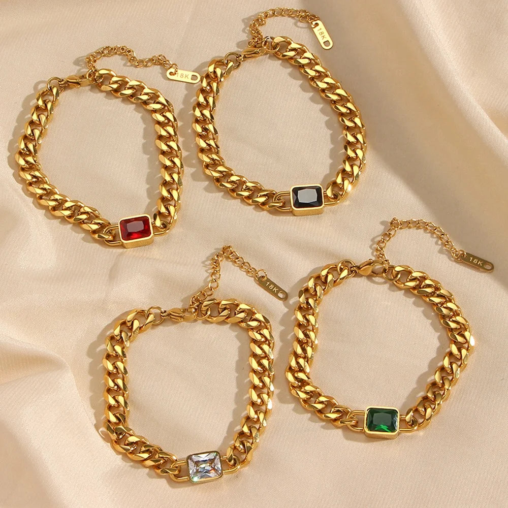 Dreamshow Chunky Colorful Zircon Bracelet 2023 Stainless Steel Gold Plated Cuban Link Chain Bracelet Women