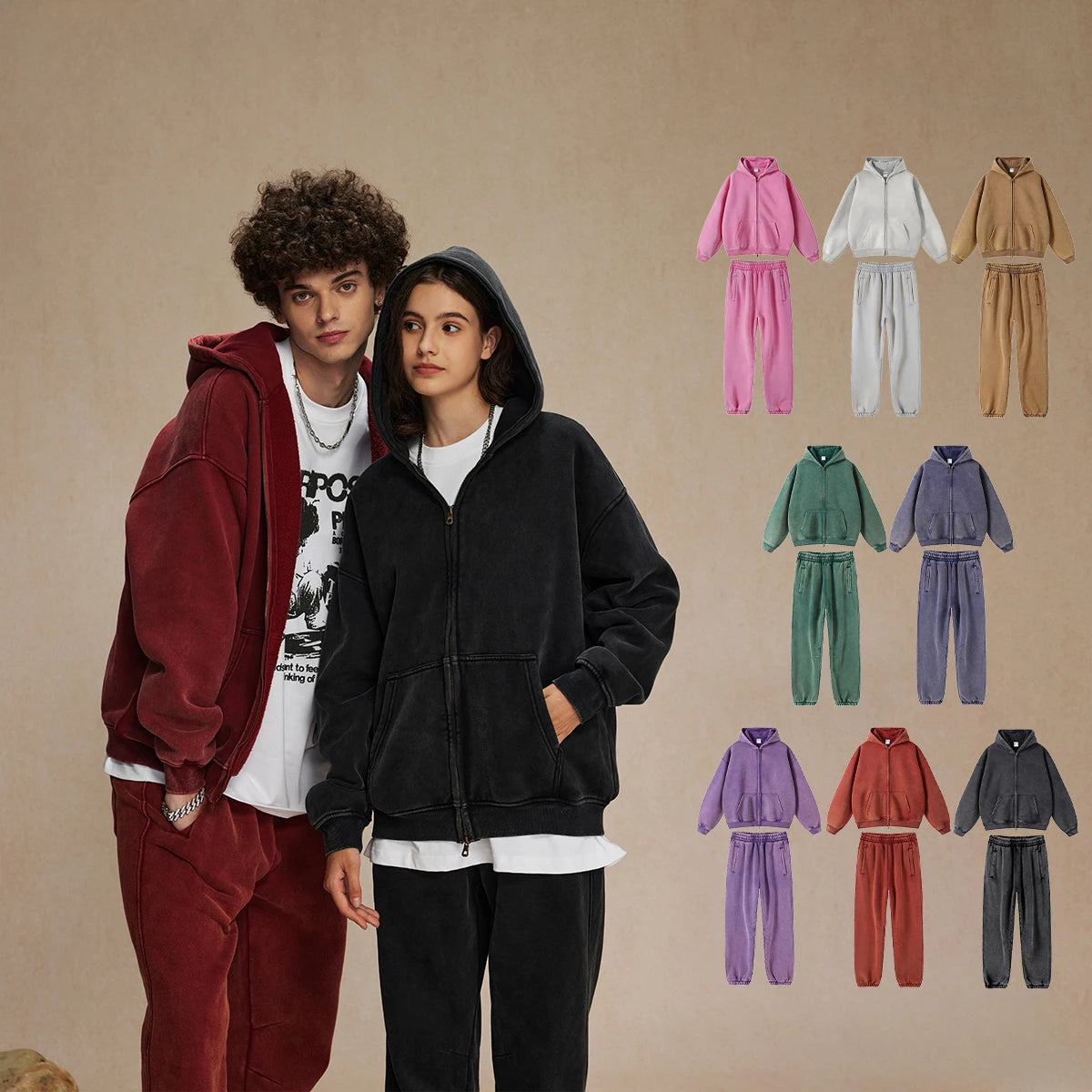 Custom logo 360gsm Vintage Batik Washed Fleece Oversized Zip up Hoodie Suit Distressed Men's Hoodie Set Wholesale