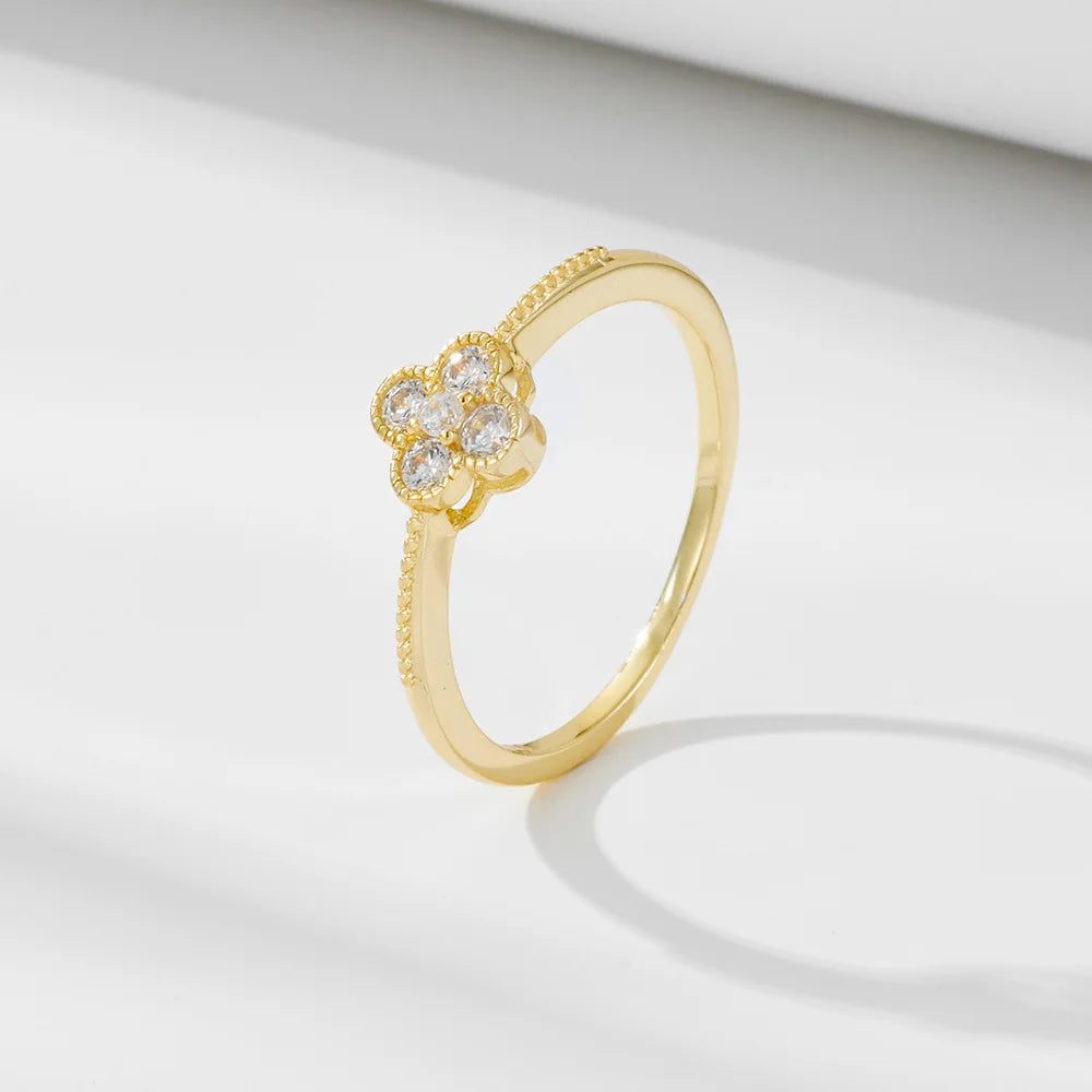 Four Leaf Clover Shape CZ Diamond Fine 18k 925 Sterling Silver Jewelry Rings Earring Set Women