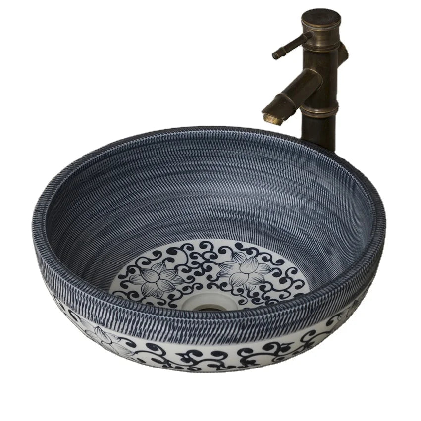 China Traditional Color Glazed Hand Painted Countertop Ceramic Round Bathroom Basin with Easy to Clean Feature