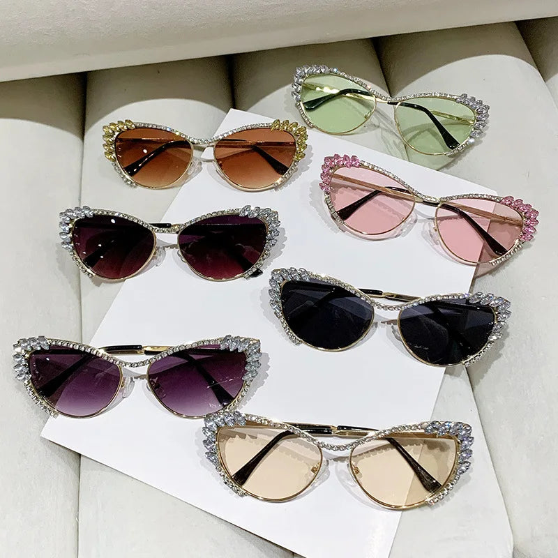 Luxury Blue Metal Frame Cat Eye Sunglasses for Women Fashion Diamond Cut Shade Glasses WithSquare & Rimless Style