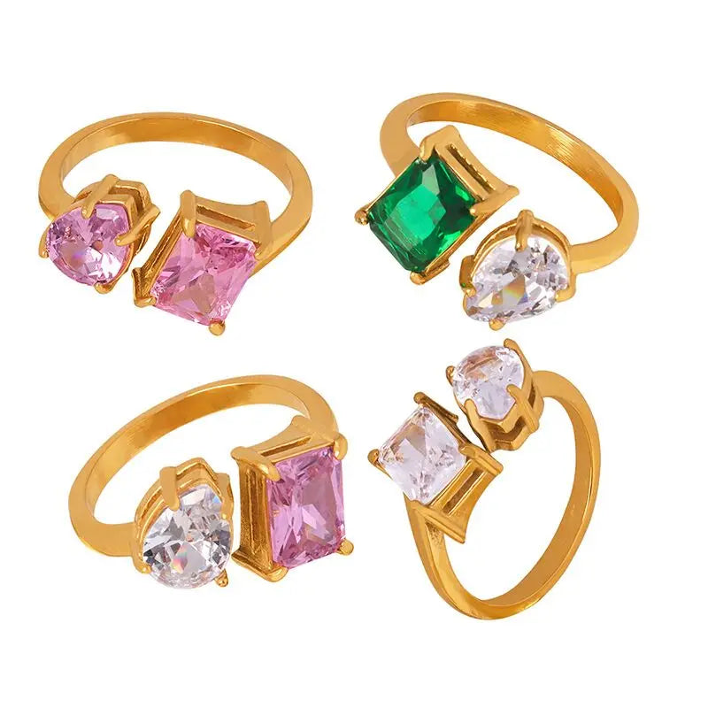 Waterproof Jewelry 18K PVD Gold Clear Big Stone Adjustable Stainless Steel Ring Open Oval Square Crystal Wedding Rings for Women