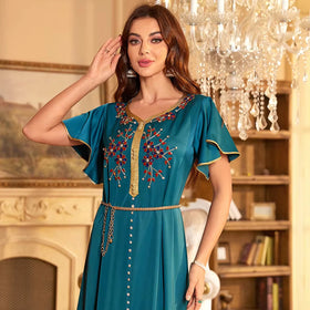 Latest Custom Abaya Muslim Dress One Piece Short Sleeves Round Neck Diamonds High Waisted Abaya Women Muslim Dubai Abaya