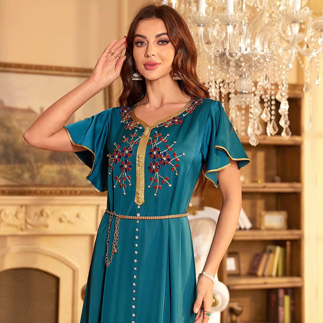 Latest Custom Abaya Muslim Dress One Piece Short Sleeves Round Neck Diamonds High Waisted Abaya Women Muslim Dubai Abaya