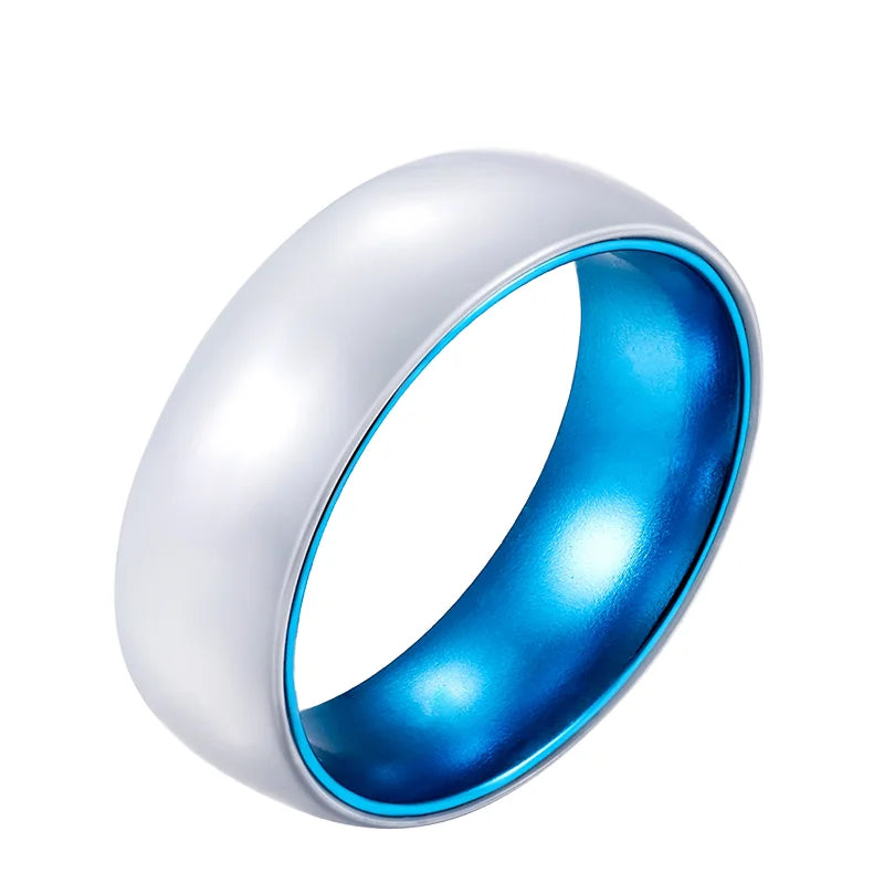 POYA Jewelry 8mm High Polished White Ceramic Ring With Anodized Light Blue Aluminum Sleeve Inlay Wedding Bands for Men and Women
