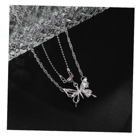 New Fashion Silver Color Double Layer Rhinestone Butterfly Necklace for Women
