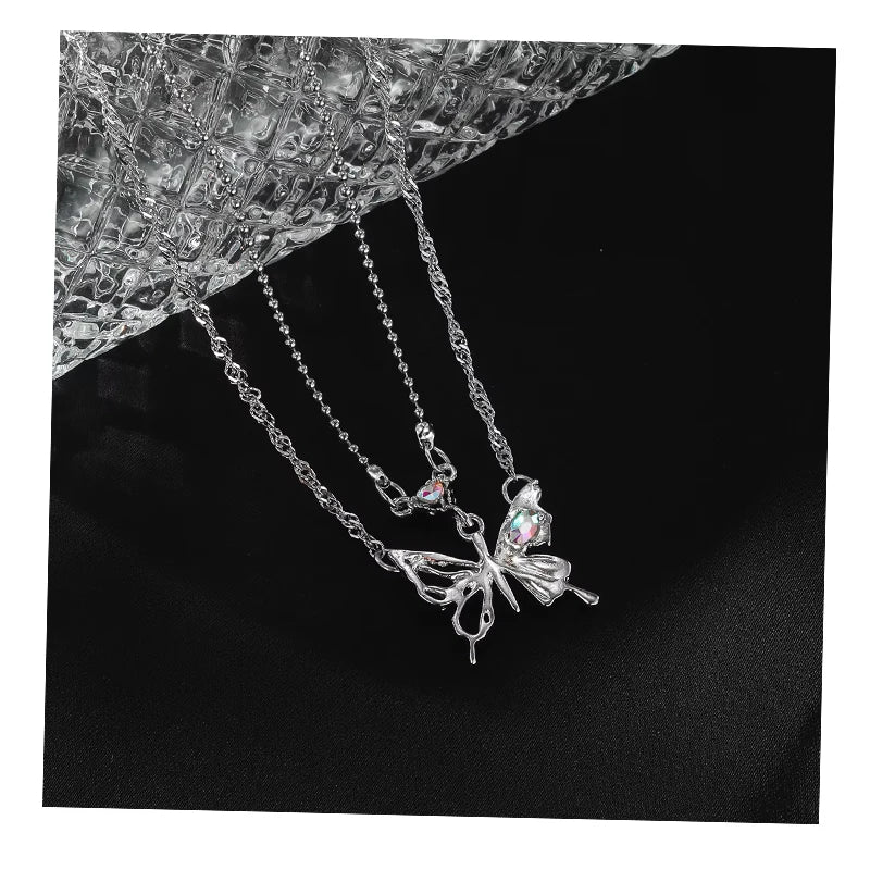 New Fashion Silver Color Double Layer Rhinestone Butterfly Necklace for Women