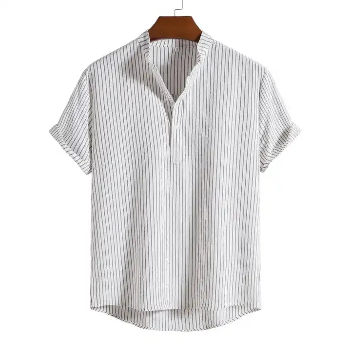 XS-XXL New Men's Standing Neck Striped Short Sleeve Shirt Loose Large Shirt