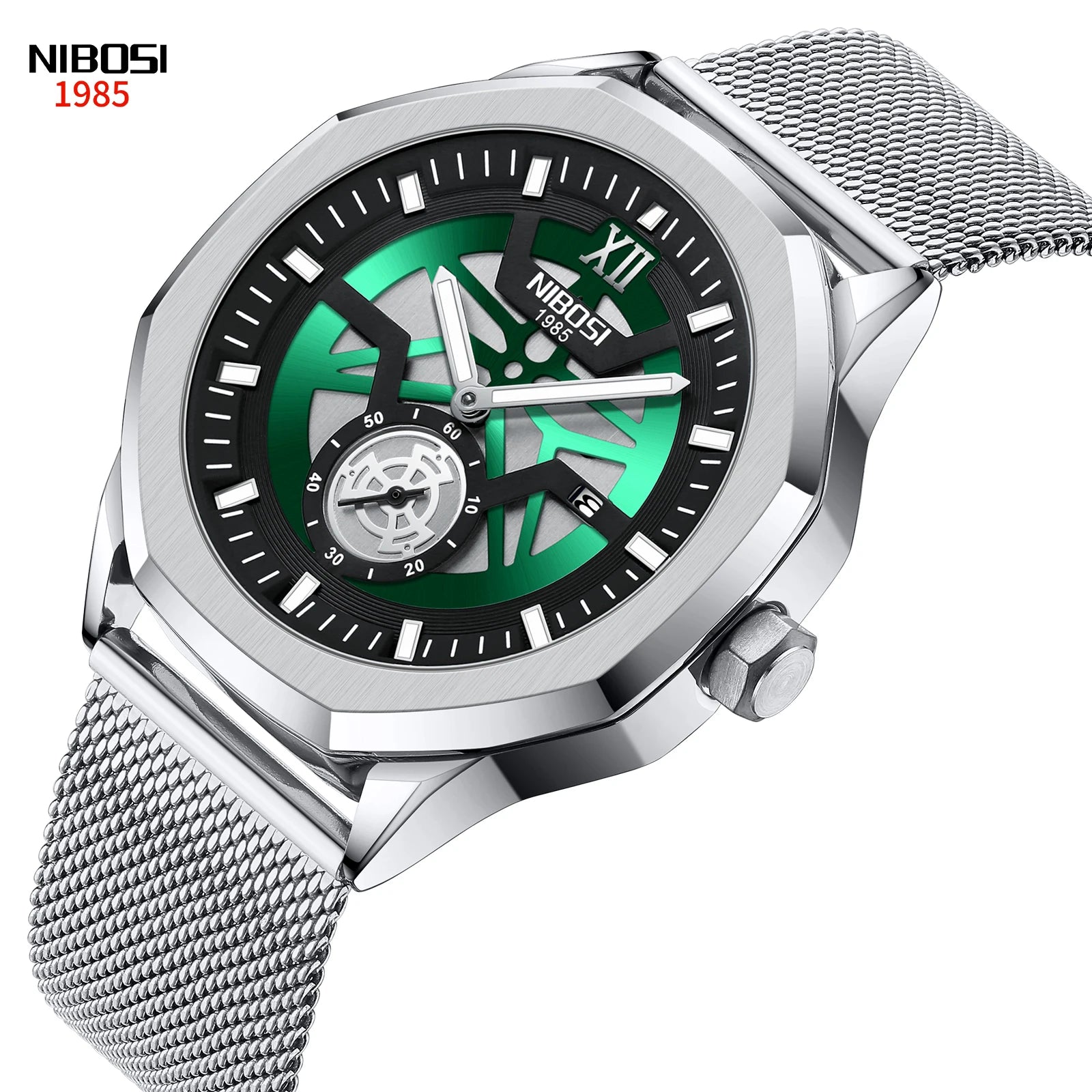 NIBOSI 2518 Caseback Hollow Men Skeleton Dial Watch Set Wristwatch Blank Stainless Steel Mesh Band Quartz Watch