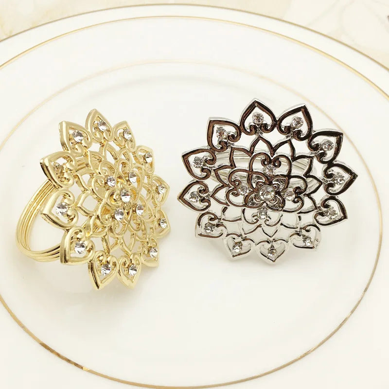 Wholesale Crystal Napkin Holder and Flower Napkin Ring Metal Rhinestone Table Decoration for Parties and Weddings