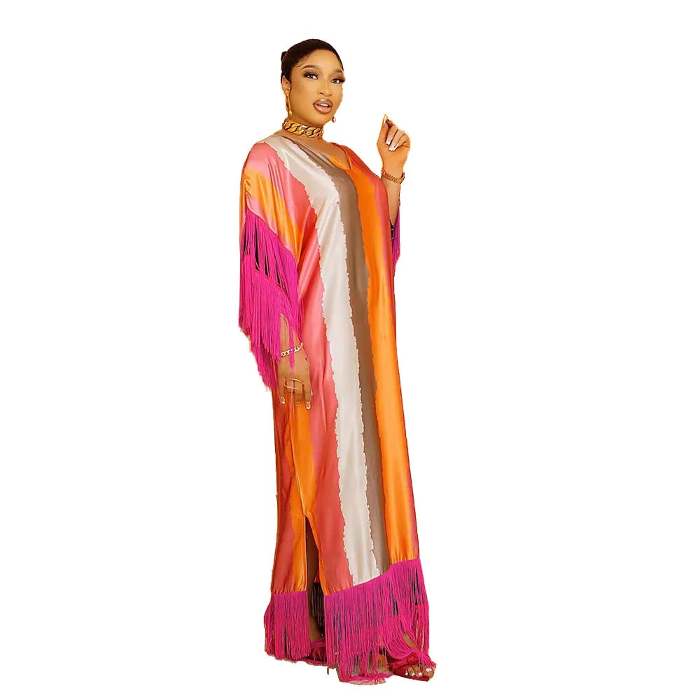 Amunyelia Surprise Price on China's Long Rayon Kaftan Boubou Digital Printing African Dress with Tassels for Women Model 22301