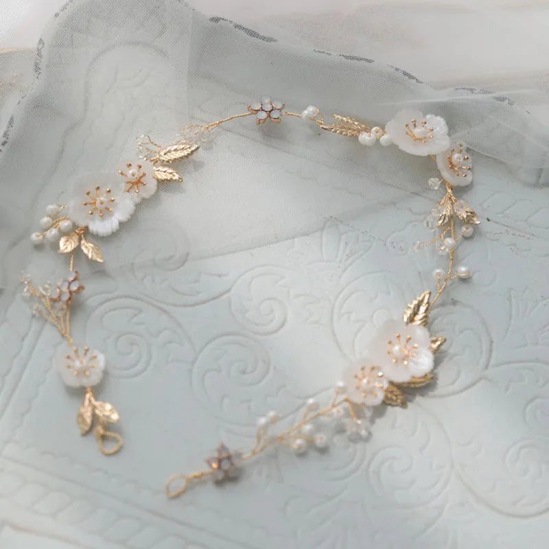 SLBRIDAL Ins Style Shell Flower Alloy Leaf Rhinestone Pearl Bridal Headband Wedding Tiara Vine Hair Accessories Women Jewelry