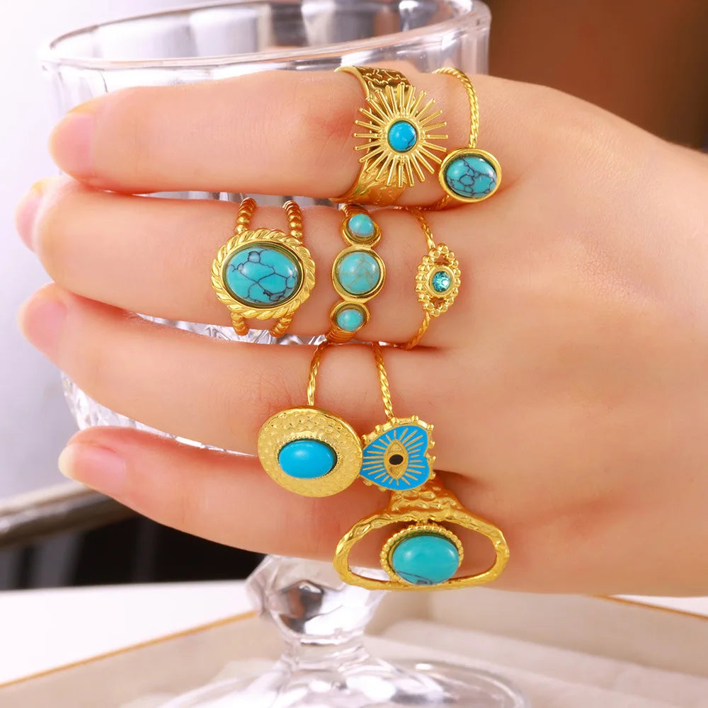 Retro Jewelry Vintage Blue Turquoise Finger Ring Adjustable Stackable Wholesale 18K Gold Stainless Steel Turquoise Ring