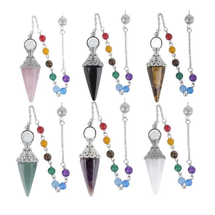 Popular Chakra Crystal Pendant PendulumAmethyst Pendulum With Colorful BeadsNatural Gemstone Hexagonal Cone Pendulums