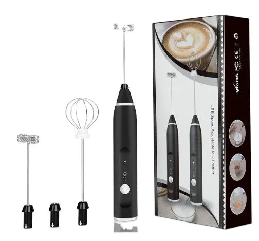 Hot Sale Electric Automatic Milk Foam Hand Milk Frother With Stand Drink Mixer and 3 Heads Whisk with 3 Attachments