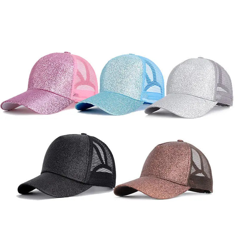 Custom Logo 6 Panel Fluorescent Glitter Mesh Dome Baseball Cap Women Shiny Breathable Ponytail Hat