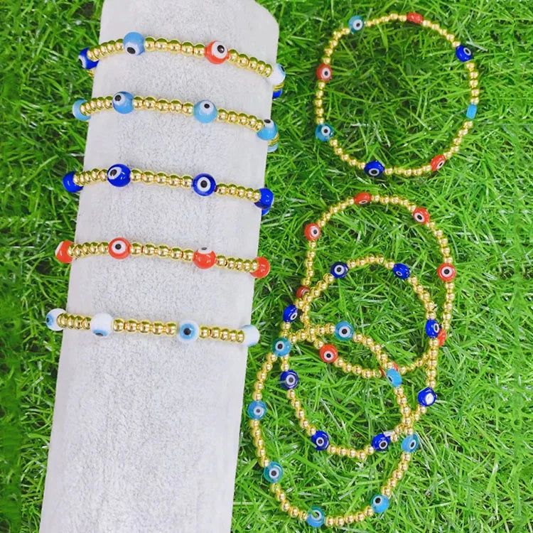 BM1090 Delicate Small Tiny 18K Gold Plated Ball Beads With Multi Colored Lampwork Evil Eyes Beaded Elastic Bracelets for Women
