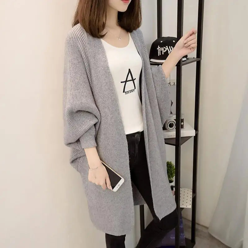 Enyami Minimalist Autumn Winter Casual Blazers Pockets Knitted Flare Sleeve Tops Jackets Woman Long Loose Cardigan