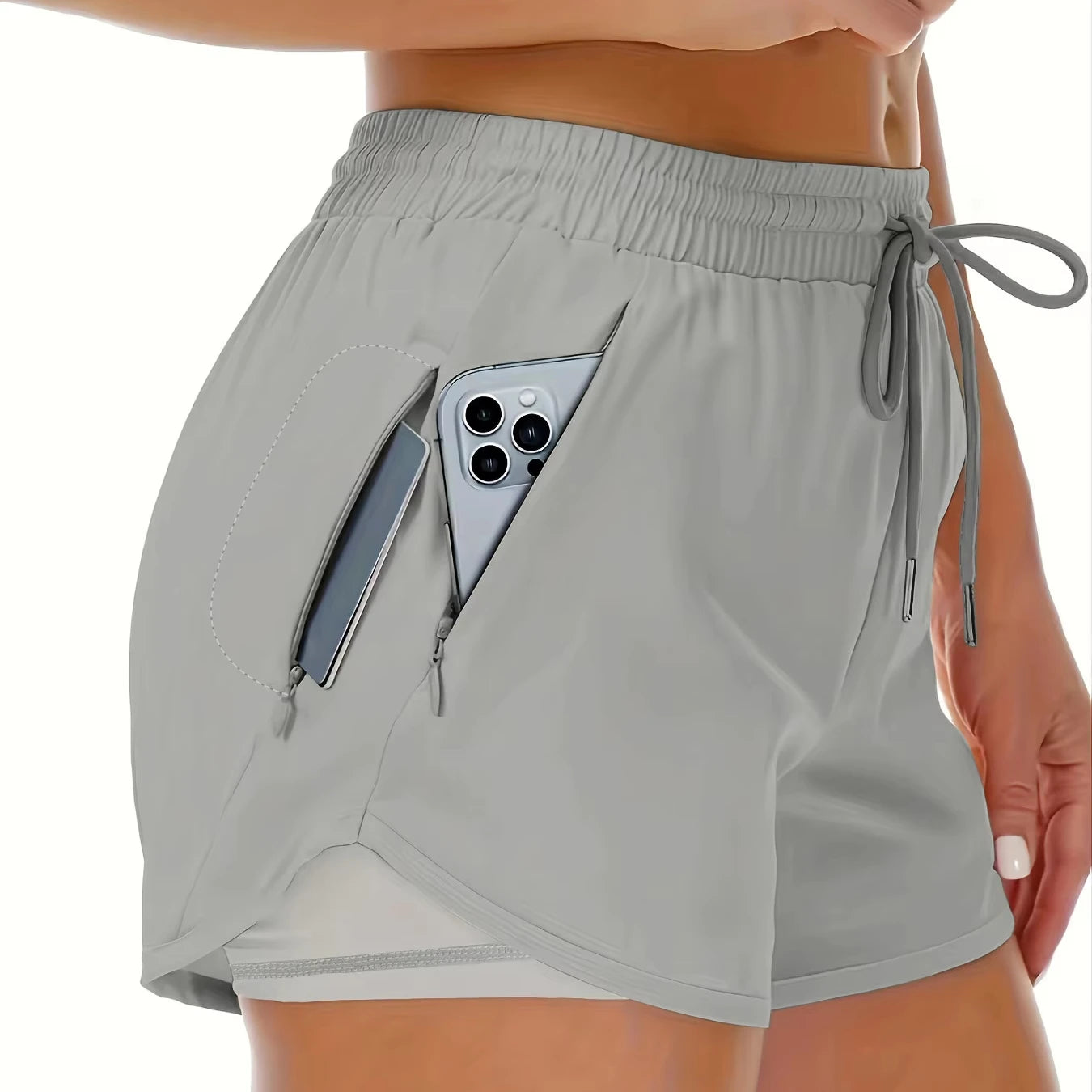 High Waist Drawstring 2 in 1 Running Shorts Breathable Gym Quick Drying Tennis Biker Shorts With Zipper Pockets