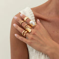 7Pcs/Set Trendy Irregular Wave Shape Metal Ring for Women Baroque Imitated Pearl Stacked Finger Ring Fashion Jewelry Accessories