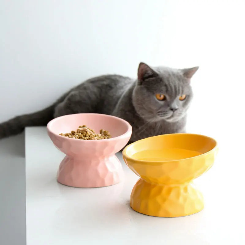 Small Ceramic Pet Bowl Rounded Shape Elevated Design with Automatic Feature for Cat Dog High Feet Packaged in Box for Feed