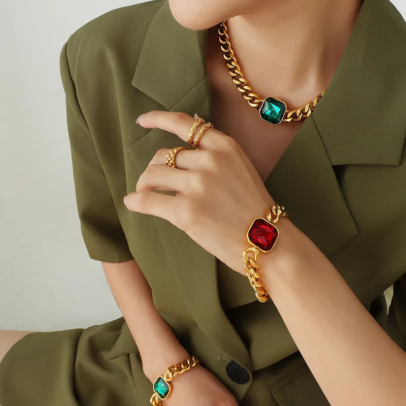 New Fashion Unique Design Jewelry Classic Stainless Steel Rock Quartz Simple Style Pendant Chain Necklace Bracelet Set Women