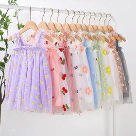 Wholesale Daisy Floral Embroidery Kids Girl Strap Sleeveless Tulle Dresses Summer Tutu Toddler Baby Girl Dresses