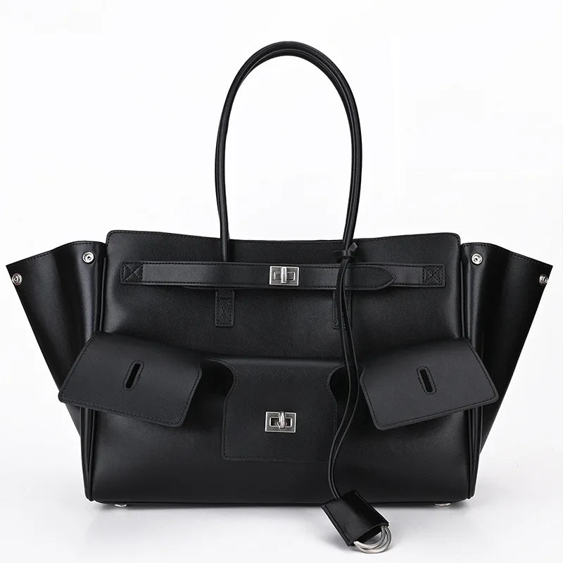 Designer Women's Large Capacity Genuine Leather Tote Handbag Neutral Style with Zipper Closure Portable for Motorcycle Use