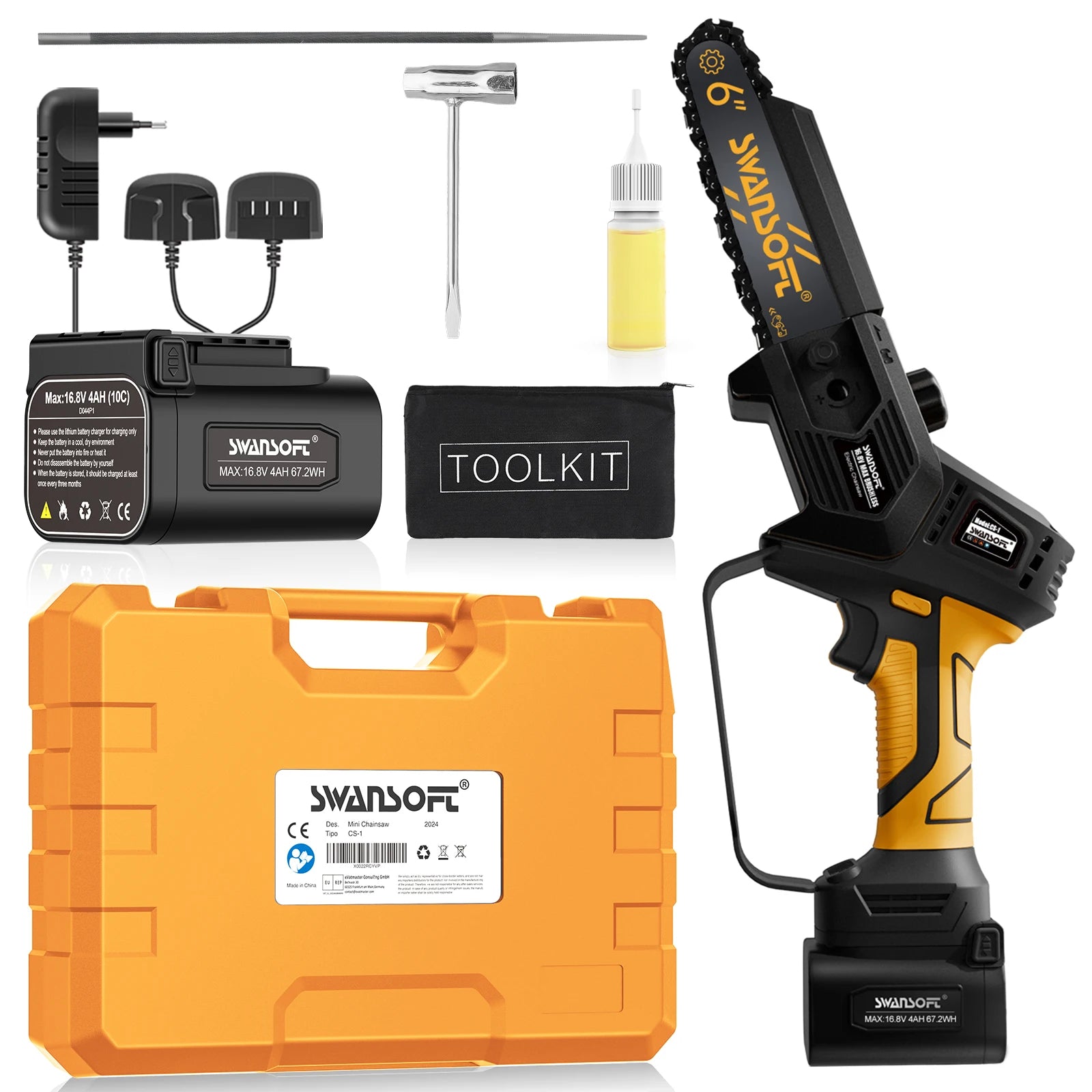 SWANSOFT CS-1 6'' MINI CHAINSAW Auto-oiling Chain Lubrication Cuts Through Hardwood Like It's Butter